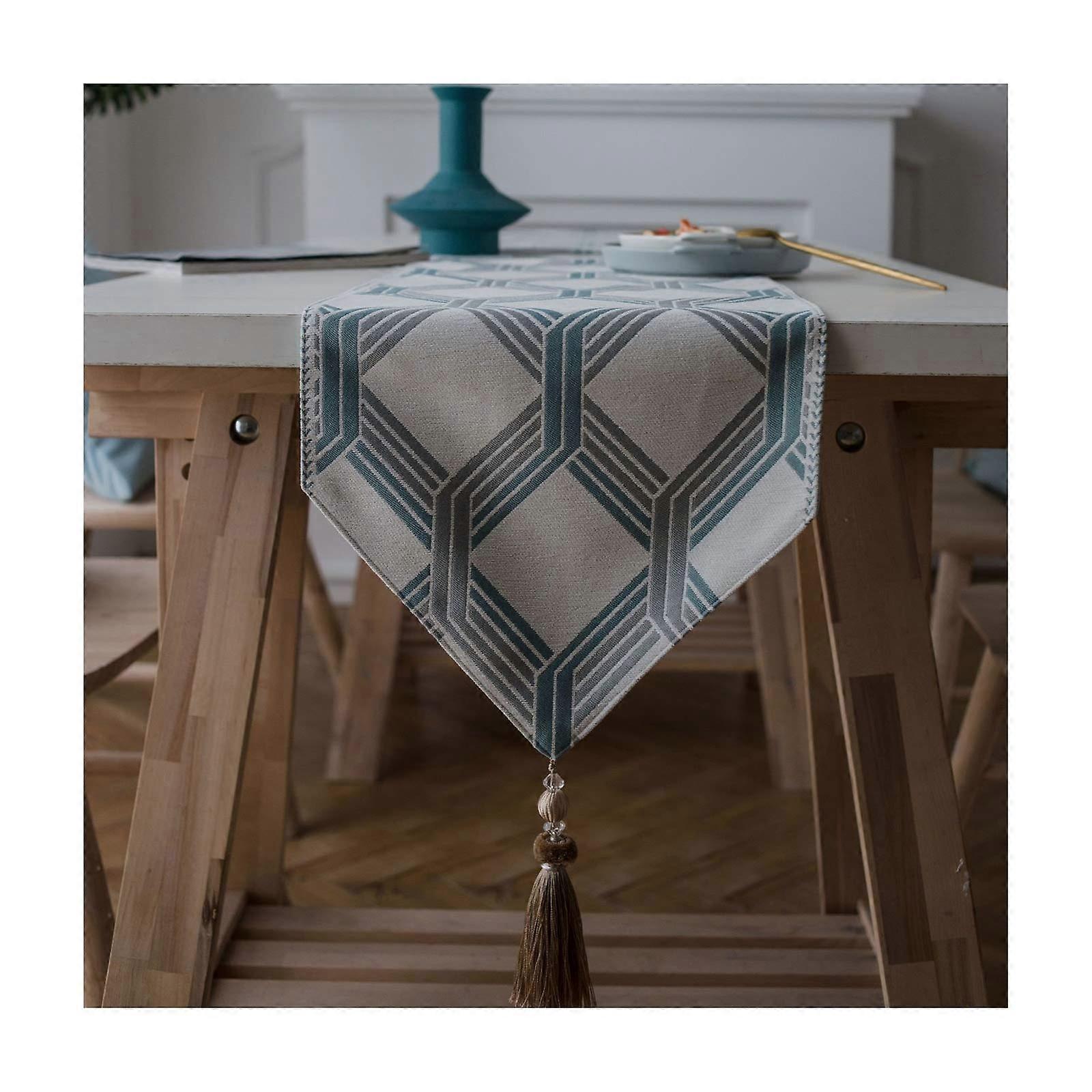 Table Runner Rectangle 32x180 cm Polyester Geometric Blue Square Pattern