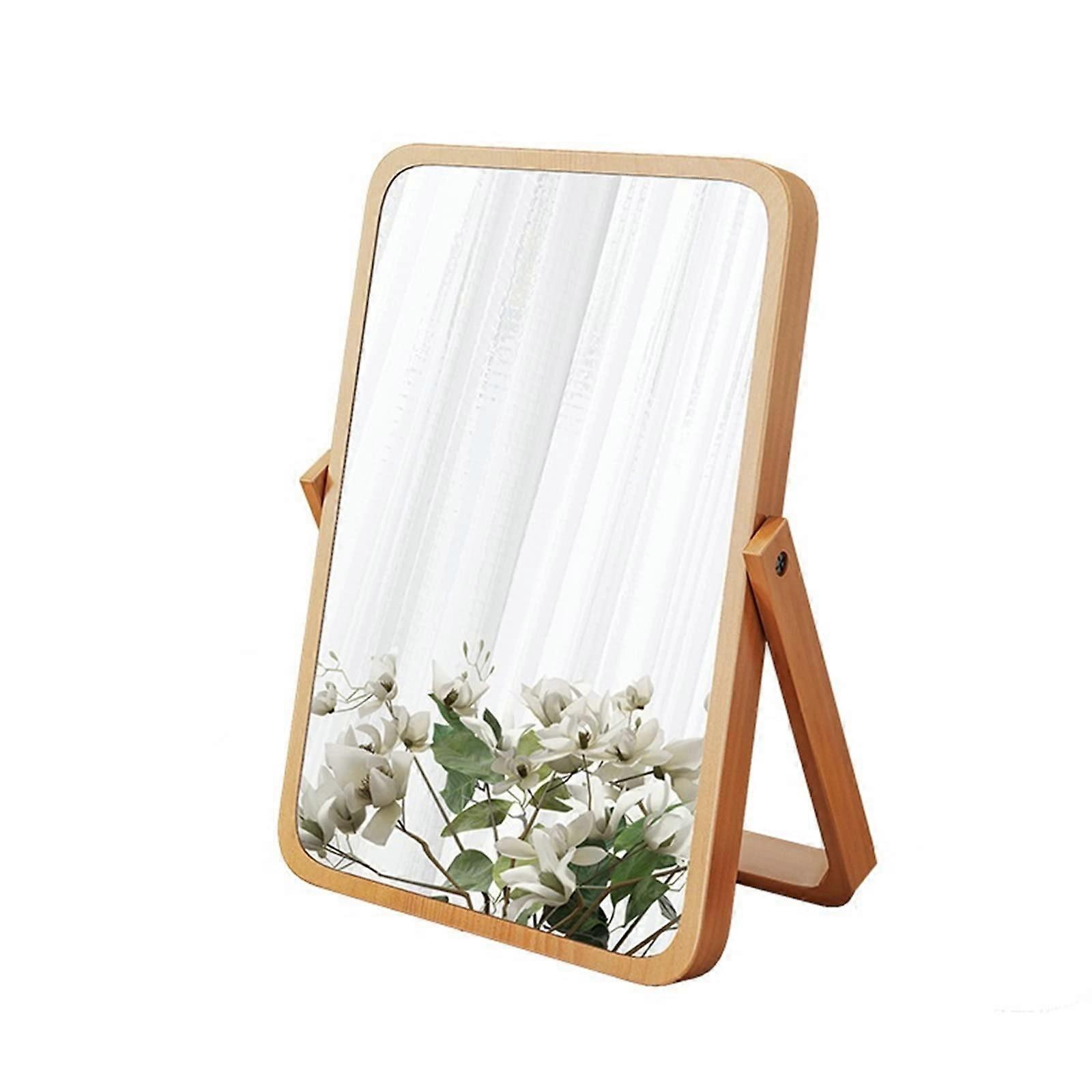 Makeup Mirror Solid Wood Frame 360° Rotating Folding Table or Wall Mount HD Dressing Mirror