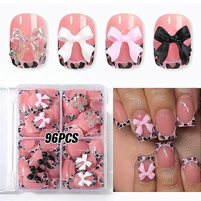 Leopard French Tip Press on Nails Set Short Square Pink Acrylic with Bow Charms, 96pcs 12 Sizes