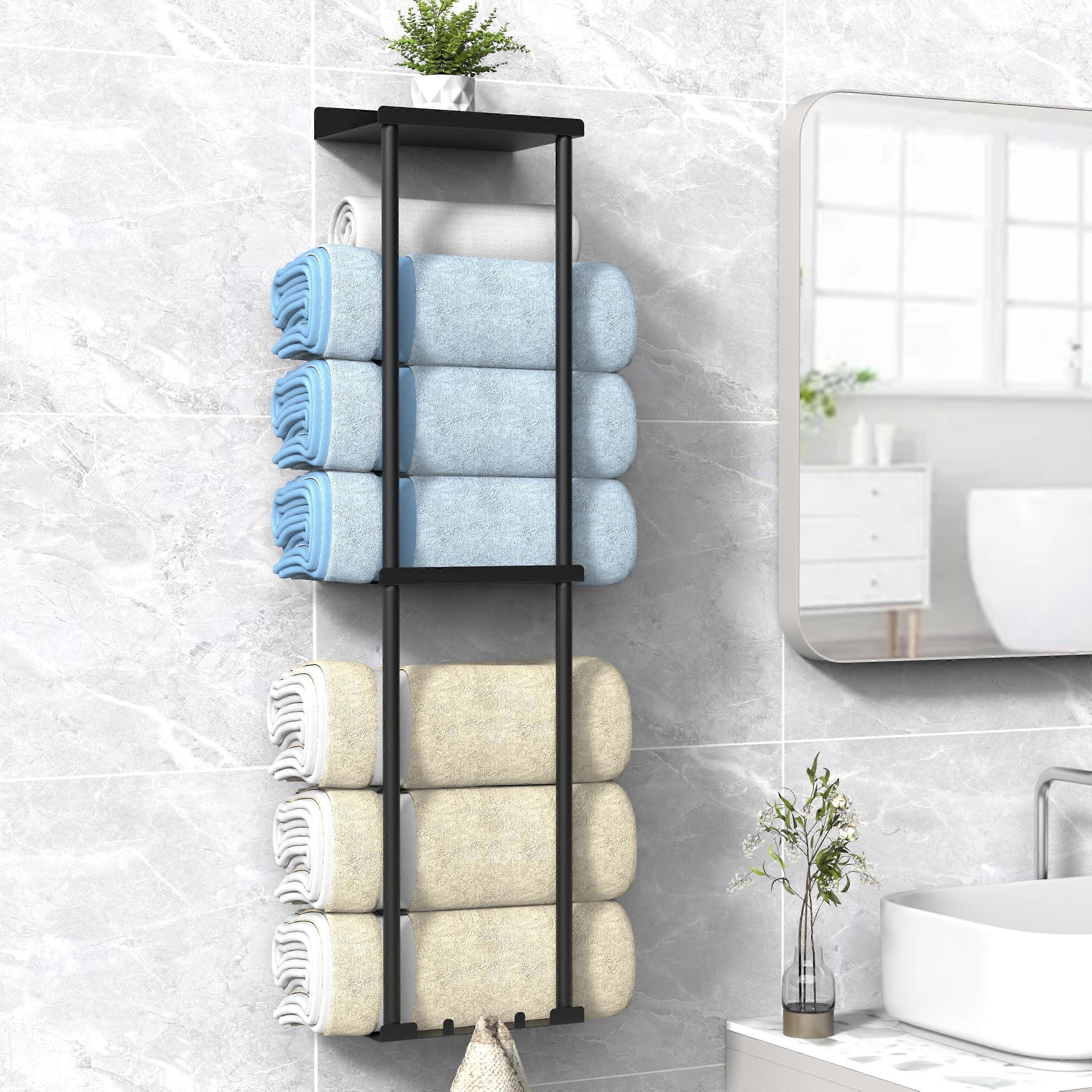 Wall Mounted Vertical Towel Rack with Shelf, SpaceSaving Bathroom Holder for 6 Large Towels, Black