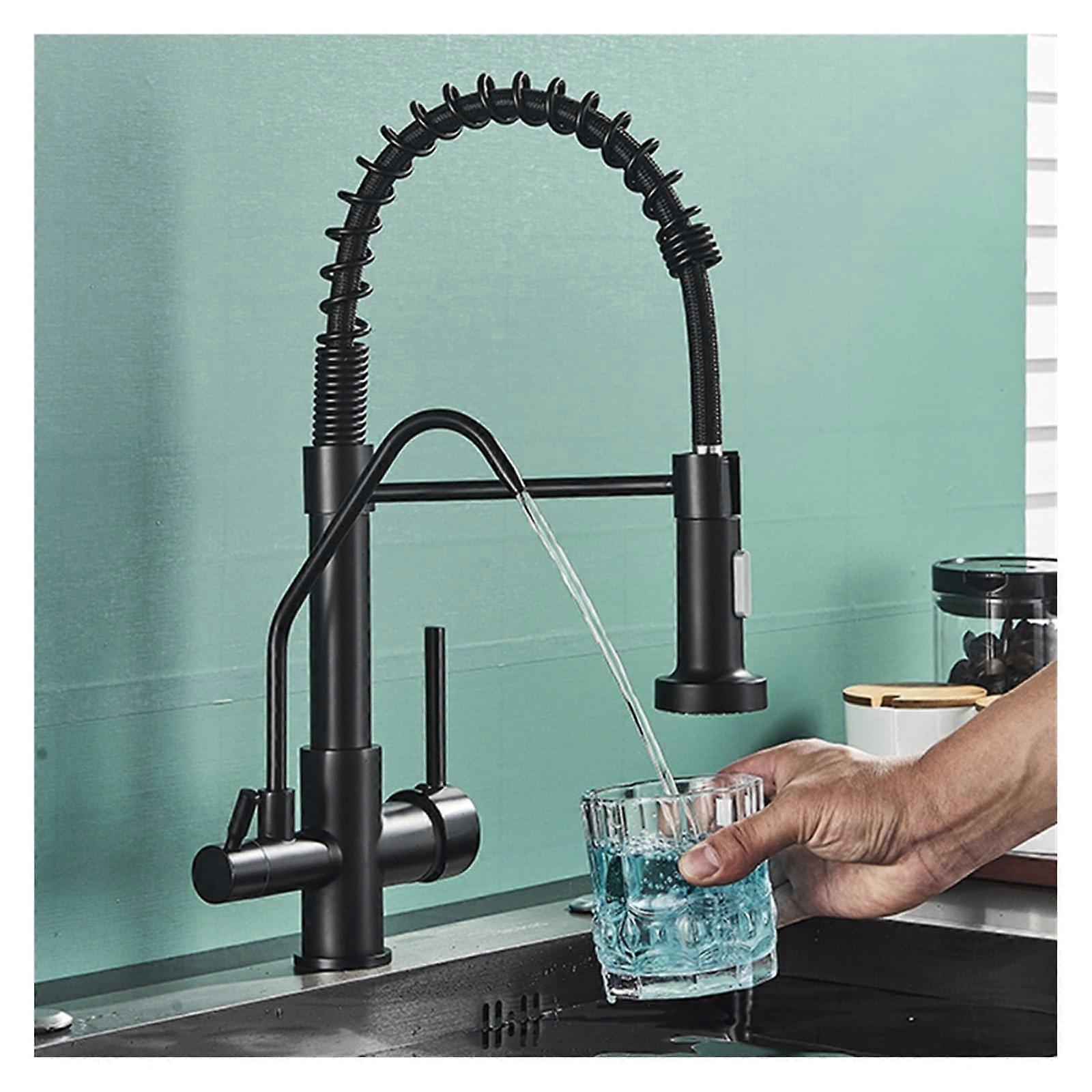 Kitchen Faucet with Water Filter, Dual Handle Hot and Cold Drinking Water Mixer, Black Countertop Mount