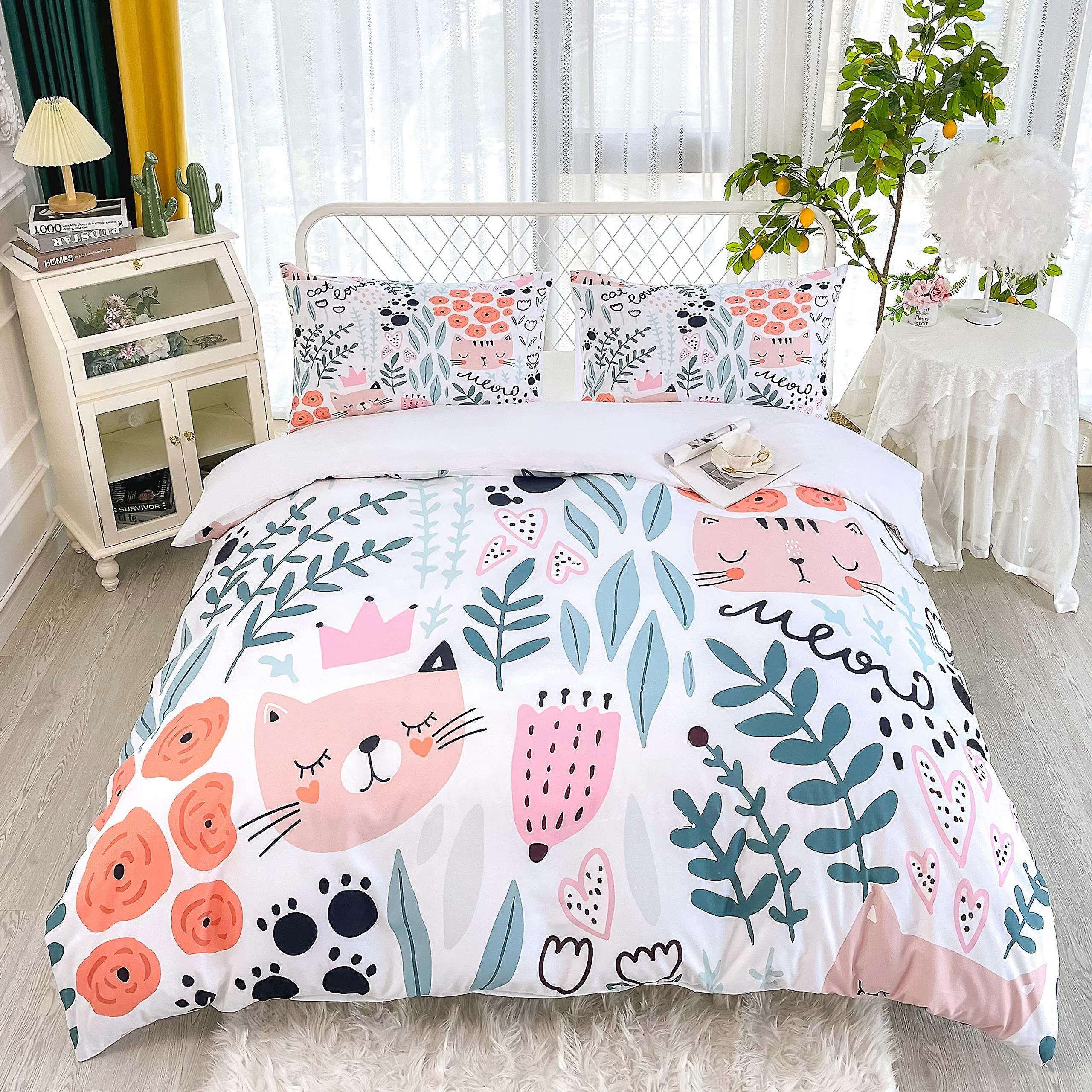 Cat Duvet Cover Set Queen Size 3 Piece Bedding with Pillowcases Playful Cartoon Cat Design