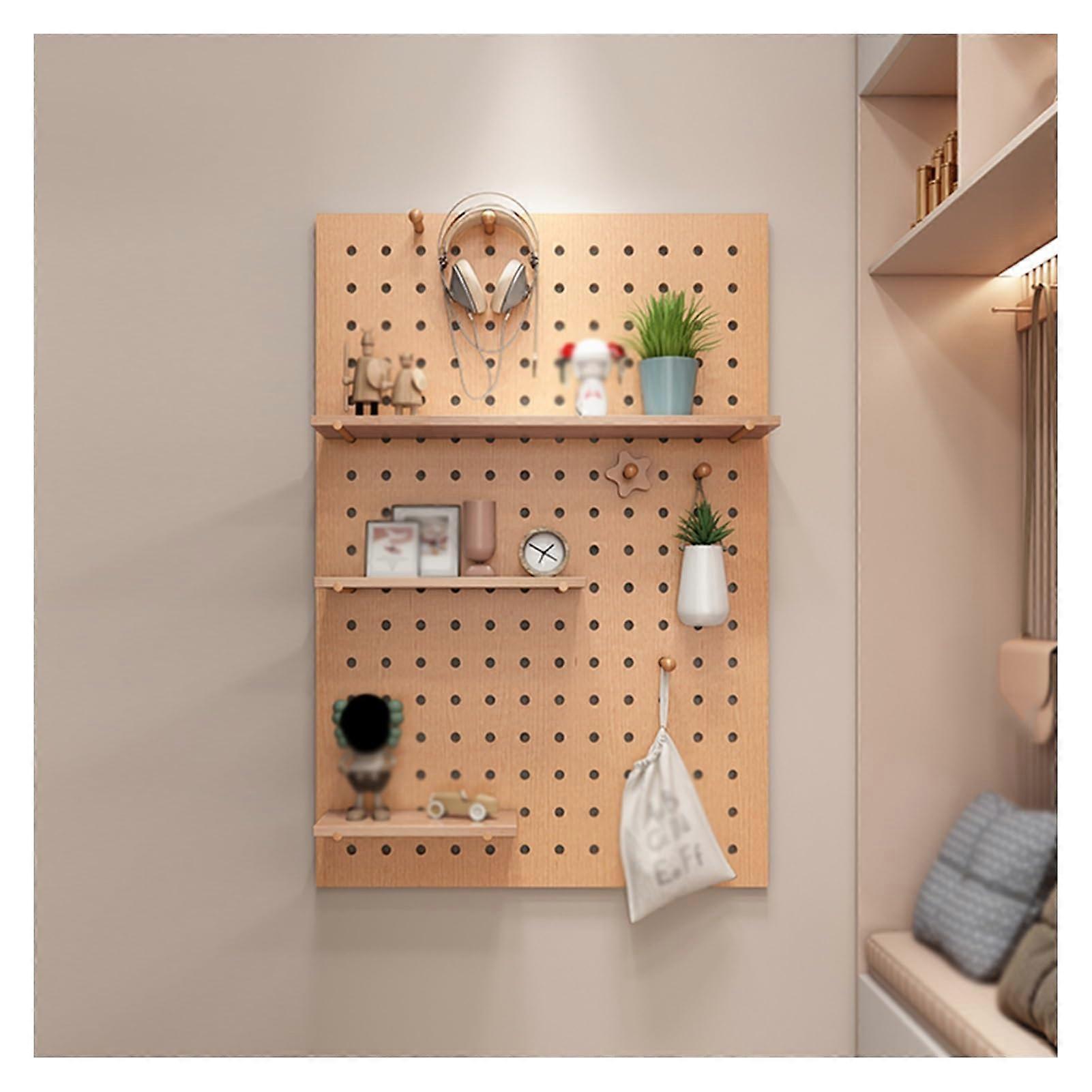 Modular Wooden Pegboard Wall Organizer with Hooks, Durable Solid Wood Storage Panel for Office and Study