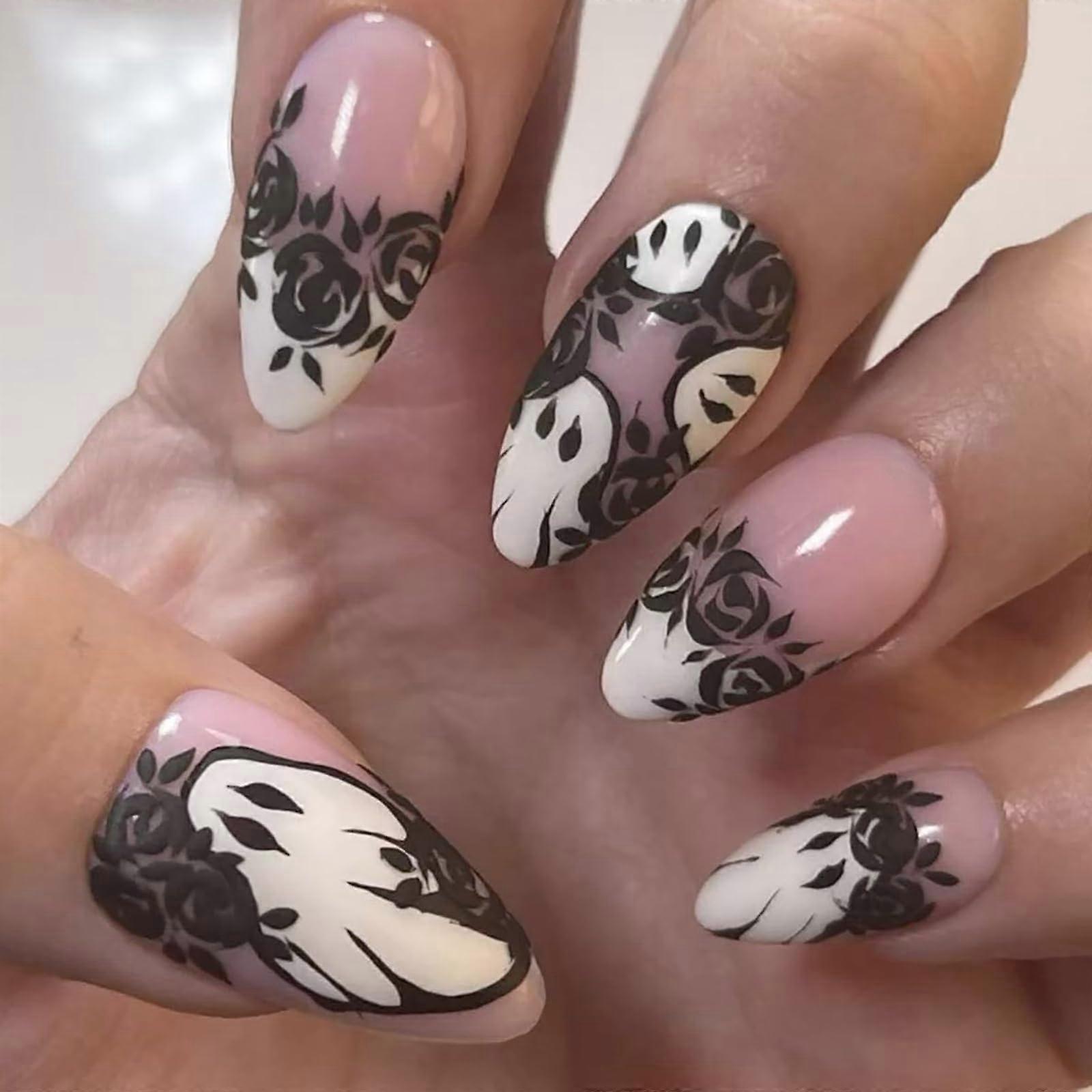 Halloween Almond Press On Nails with Ghost Design, Medium Length Reusable Full Cover False Nails Set