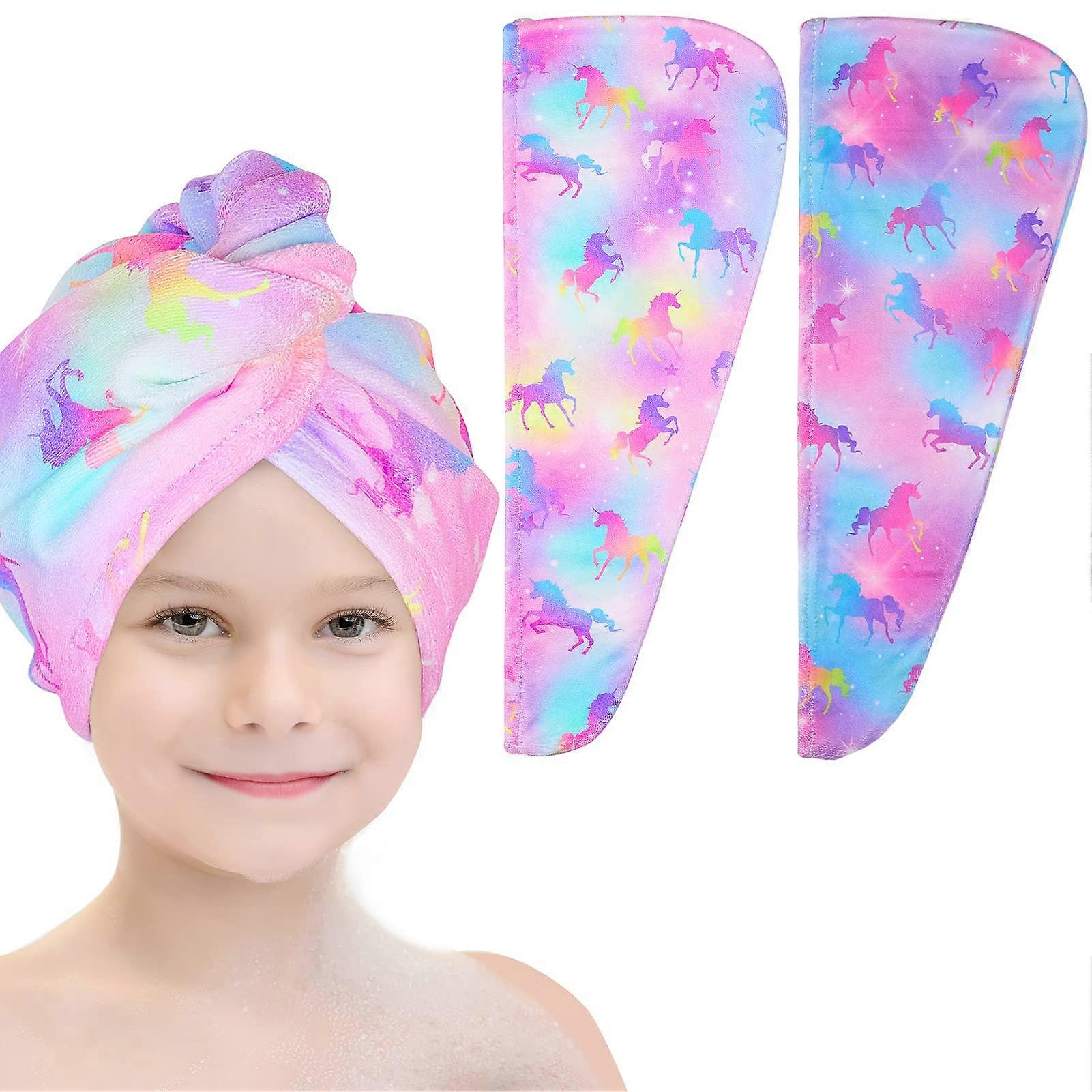 Colorful Unicorn Microfiber Hair Towel Wrap for Kids 2 Pack Rapid Drying with Secure Button Loop