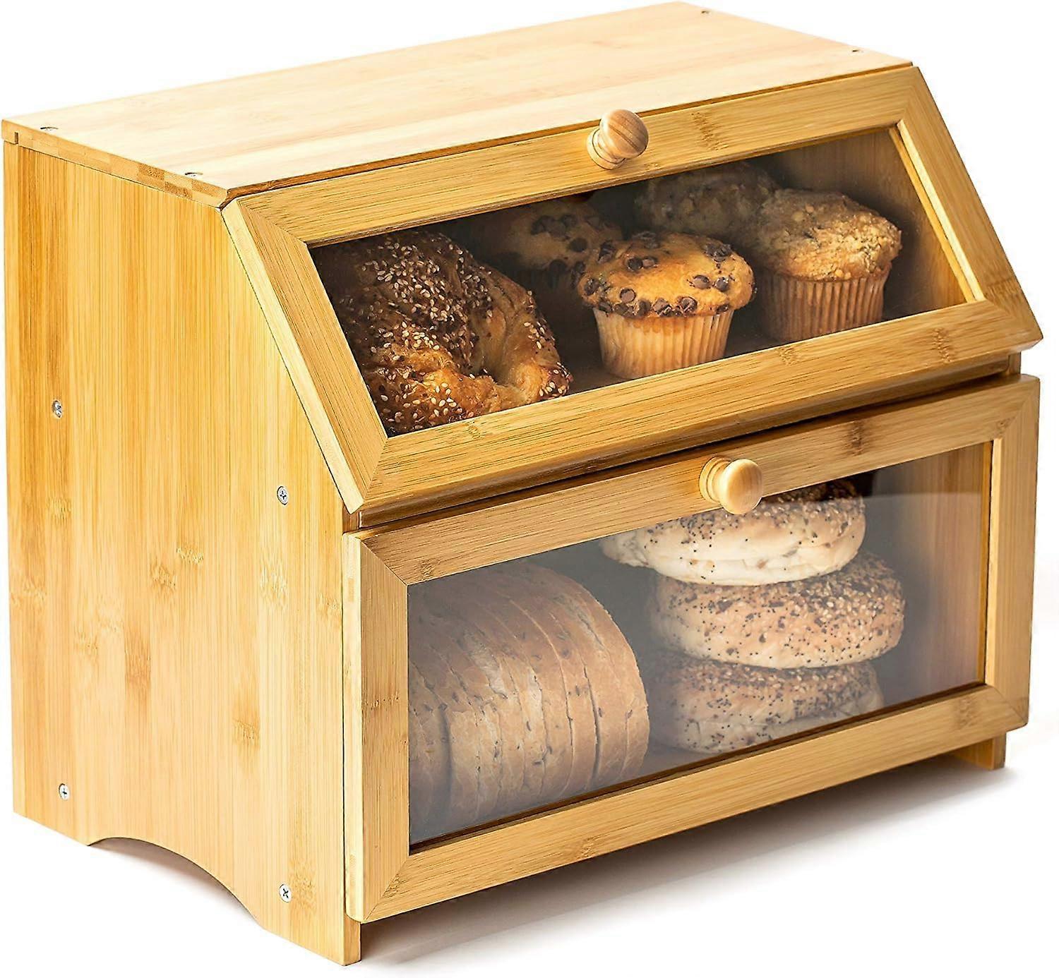 Extra Large Double Tier Bamboo Bread Box with Clear Windows and Magnetic Closure for Kitchen Counter