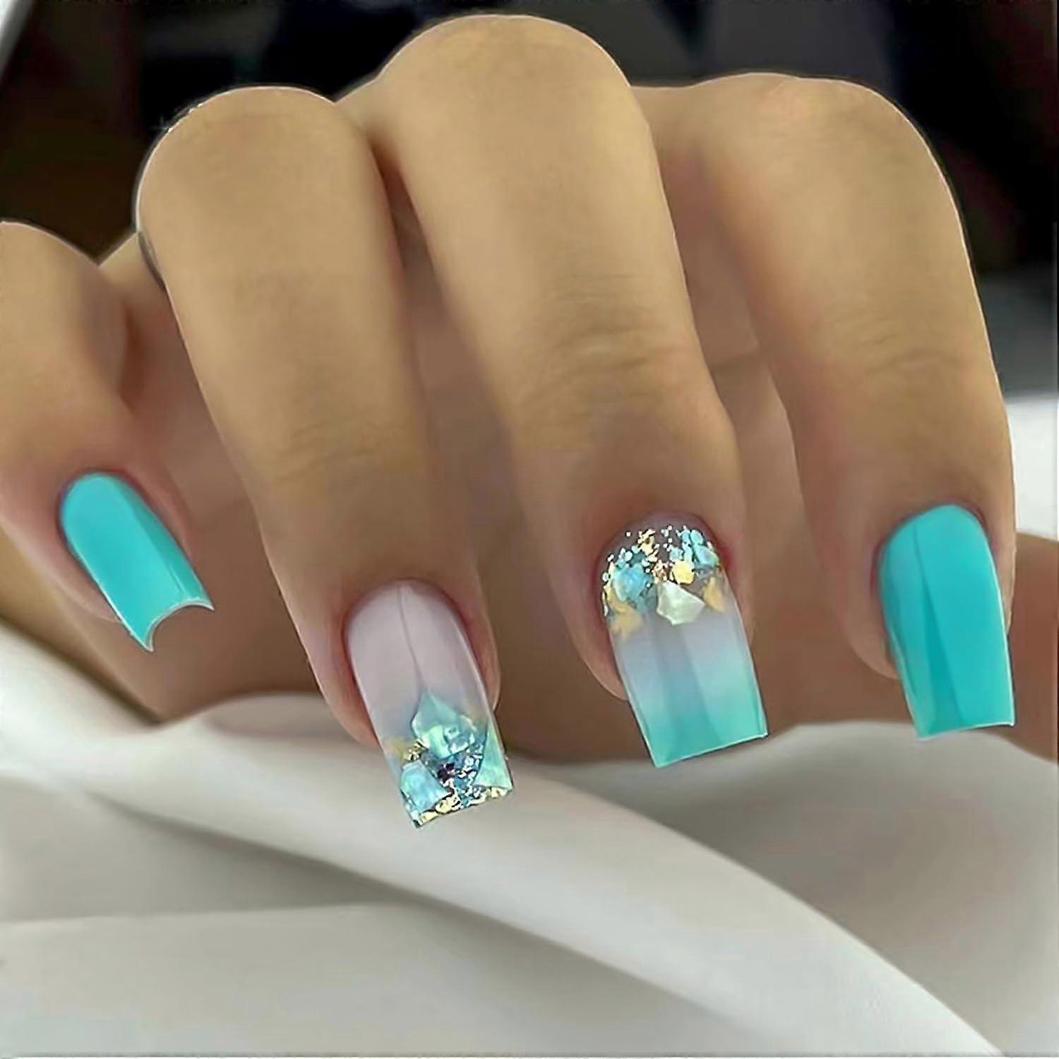 24Pcs Blue Gradient Press on Nails with Glitter, Medium Square Fake Nails, Reusable Acrylic Set