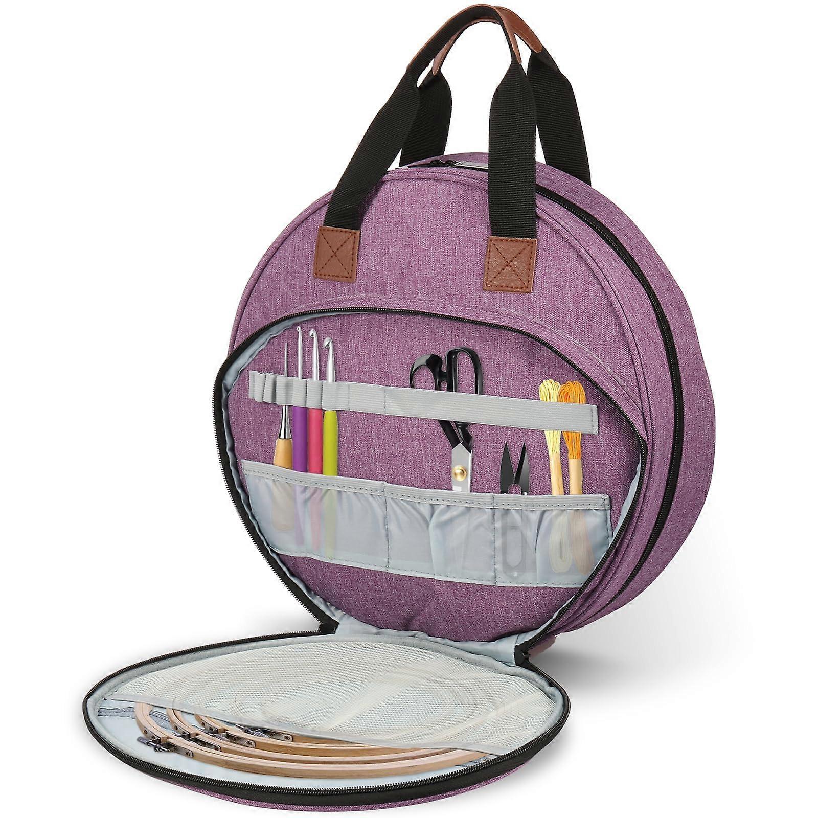 Embroidery Project Bag with Multiple Pockets Double Layer Round Organizer for Floss Hoops Thread Purple