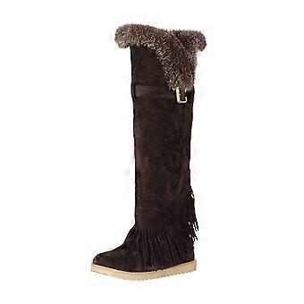 Womens Snow Boots Long Boots Slip-on Velvet Lined Warm Boots Solid Color Shoes with Tassels Flat Knee High Boots 42(US:9)