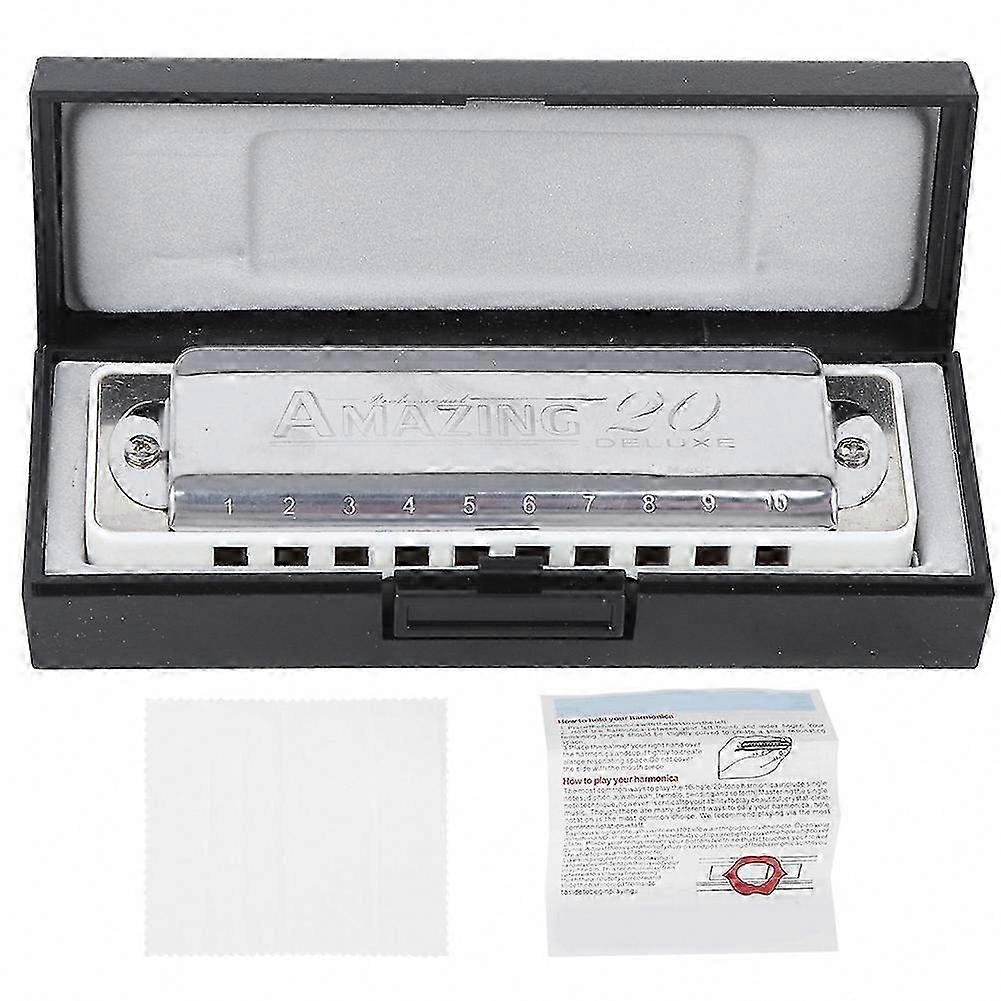 10-Hole E Key Harmonica with Brass Base for Beginners, White Wind Instrument