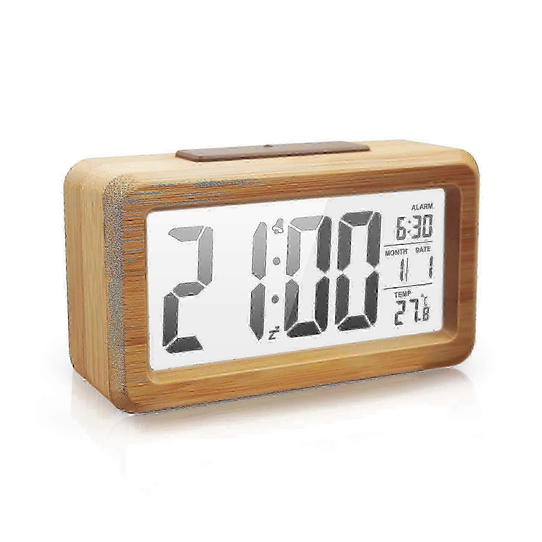 Bamboo-made digital alarm clock with date, month, temperature and snooze function.