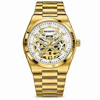 BINBOND Men's Quartz Watch Gold Tone White Dial Fashion Sport Waterproof Wristwatch JY