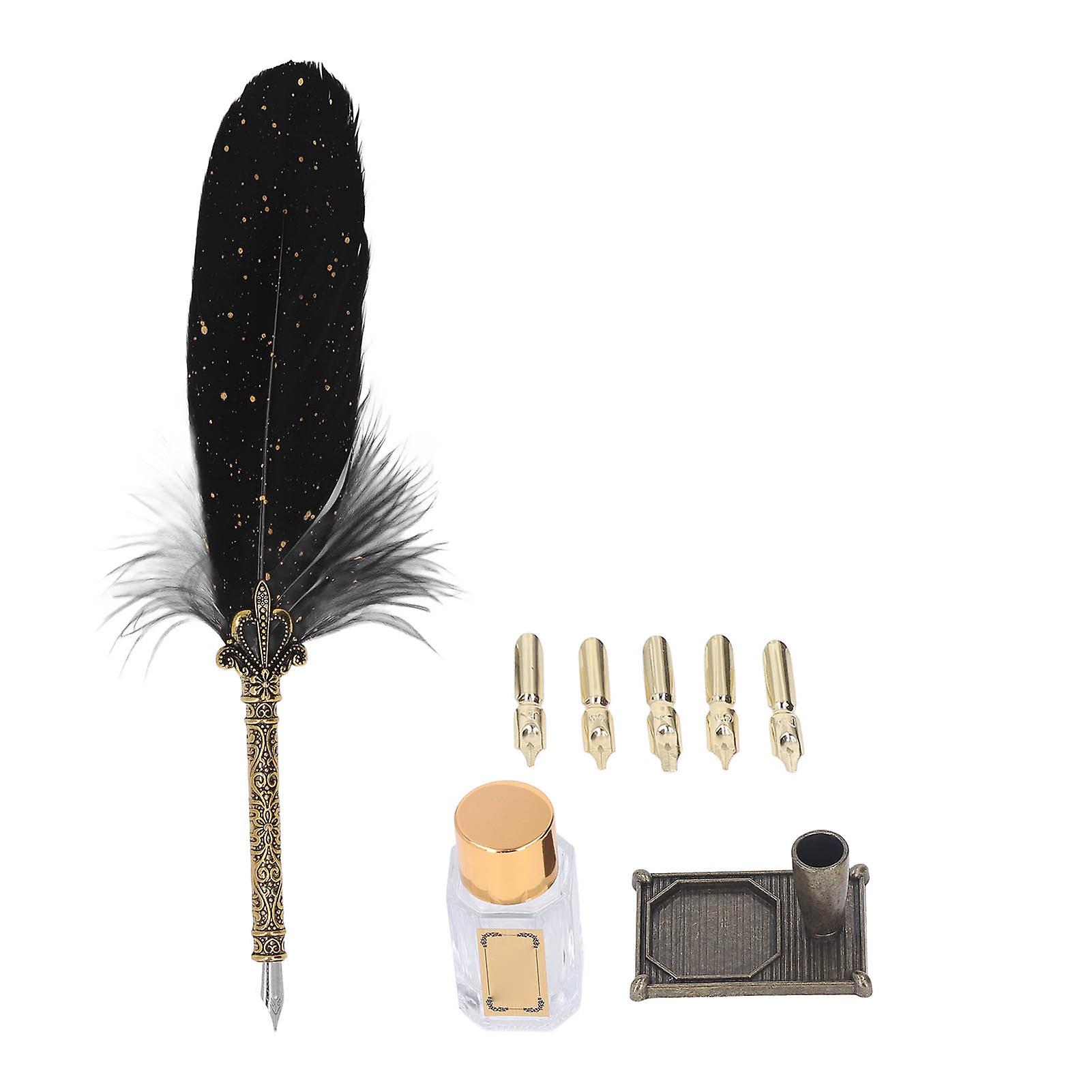 Quill Pen Set Retro Elegant Exquisite Pattern Smoothing Writing Feather Pen Caligraphy Pen Kit with Replaceable Nibs Black