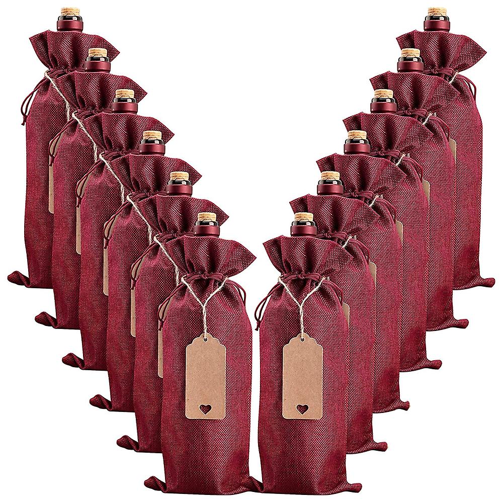 Burlap Wine Bags Wine Gift Bags, 12 Pcs Wine Bottle Bags with Drawstrings, Tags & Rope, Reusable Win