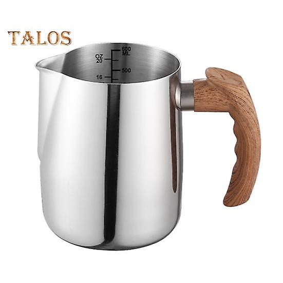 600/1000ML Milk Frothing Pitcher with Precise Scale Wooden Handle Dripless Spout Stainless Steel Latte Coffee Cup Milk Coffee Espresso Cappuccino
