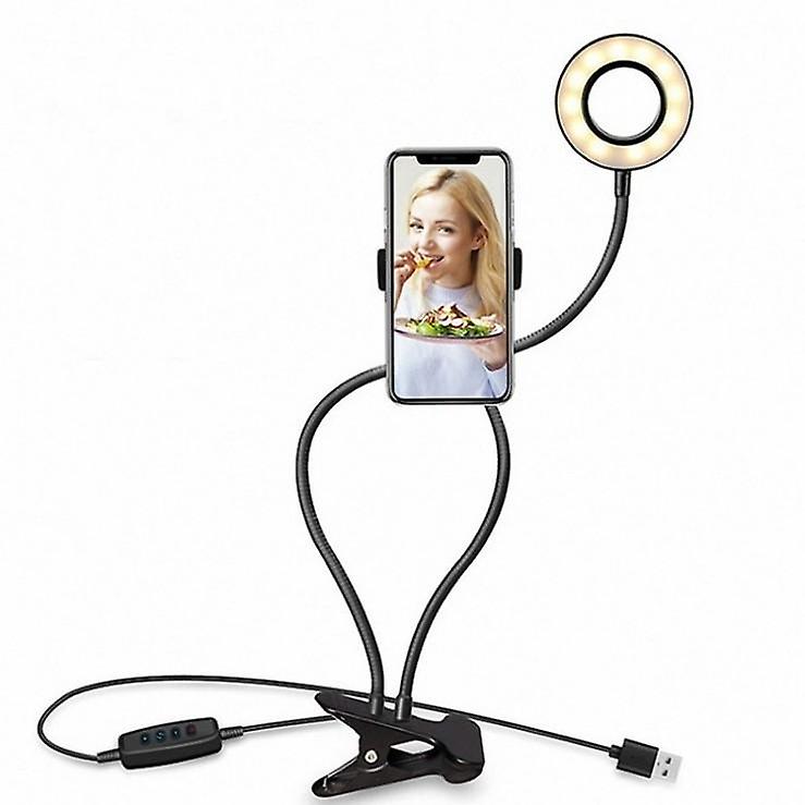 2 in 1 Reinforced Non-slip Mobile Phone Holder LED Selfie Ring Light Tricolor Dimming Adjustable Des