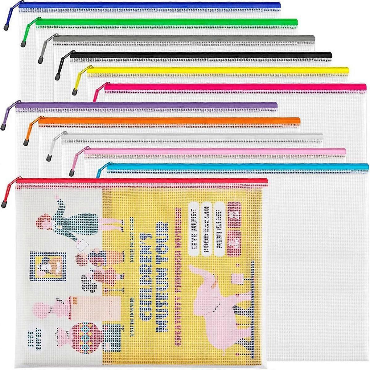 A3 (16,9x12,4 tommer, 12 stk) mesh lynlås pose, 12 farver ekstra store lynlås tasker, vandtætte fil poser til kontorartikler