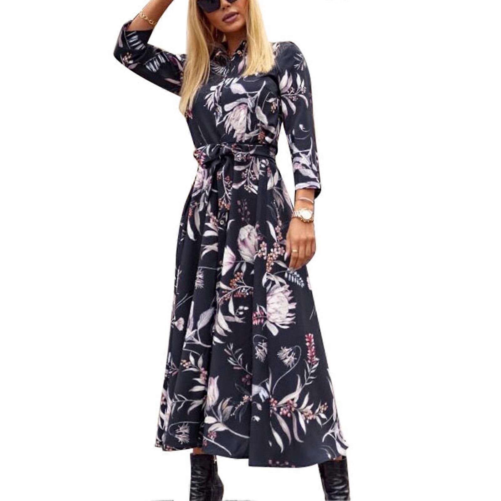 Kleid Langarm Blumendruck Button Down Krawatte Riemchen Knöchellänge Modisches Maxikleid für Damen