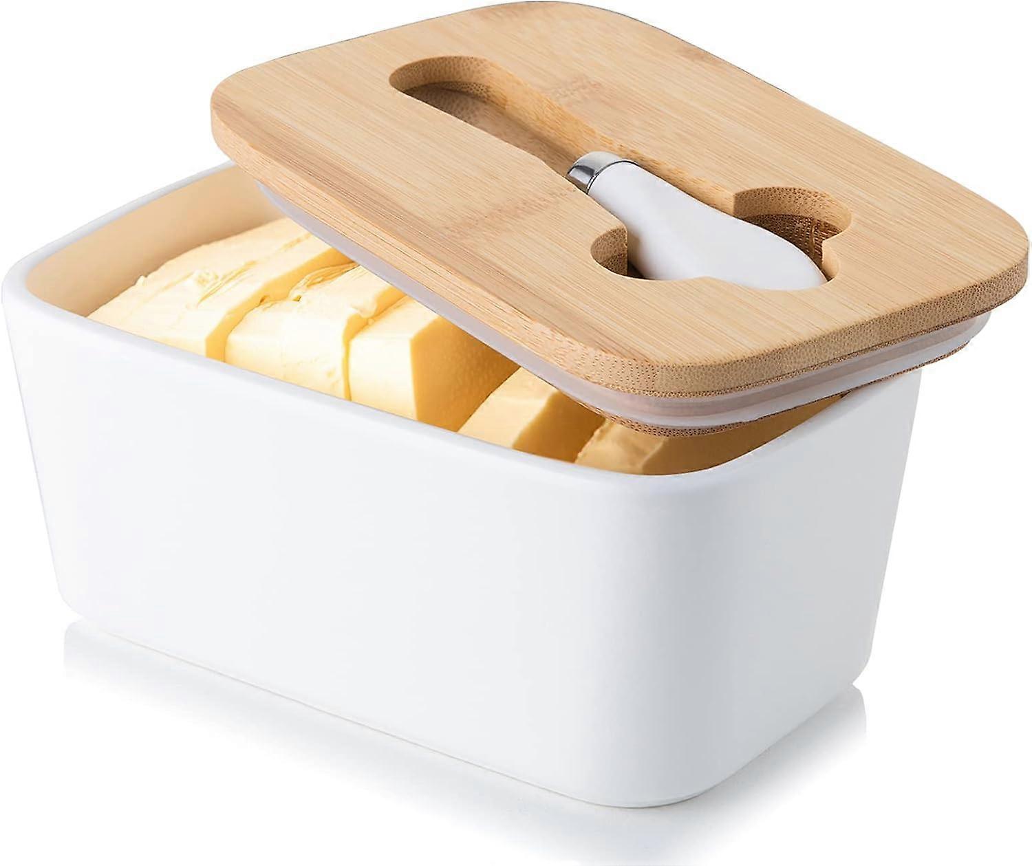 Candiicap Porcelain Butter Dish, Butter Box with Bamboo Lid and Butter Knife, Butter Container