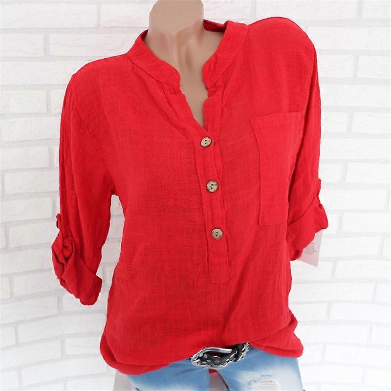 Kadın Keten Bluz Yüksek Düşük Gömlek Roll-Up Kollu Üstler