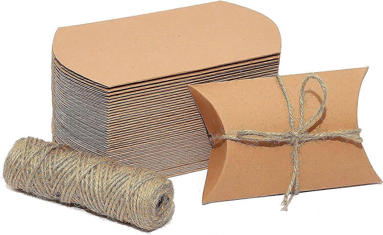 Pillow Gift Boxes with Jute String for Party Favors (5 X 3.5 in, Kraft Paper, 50 Pack)
