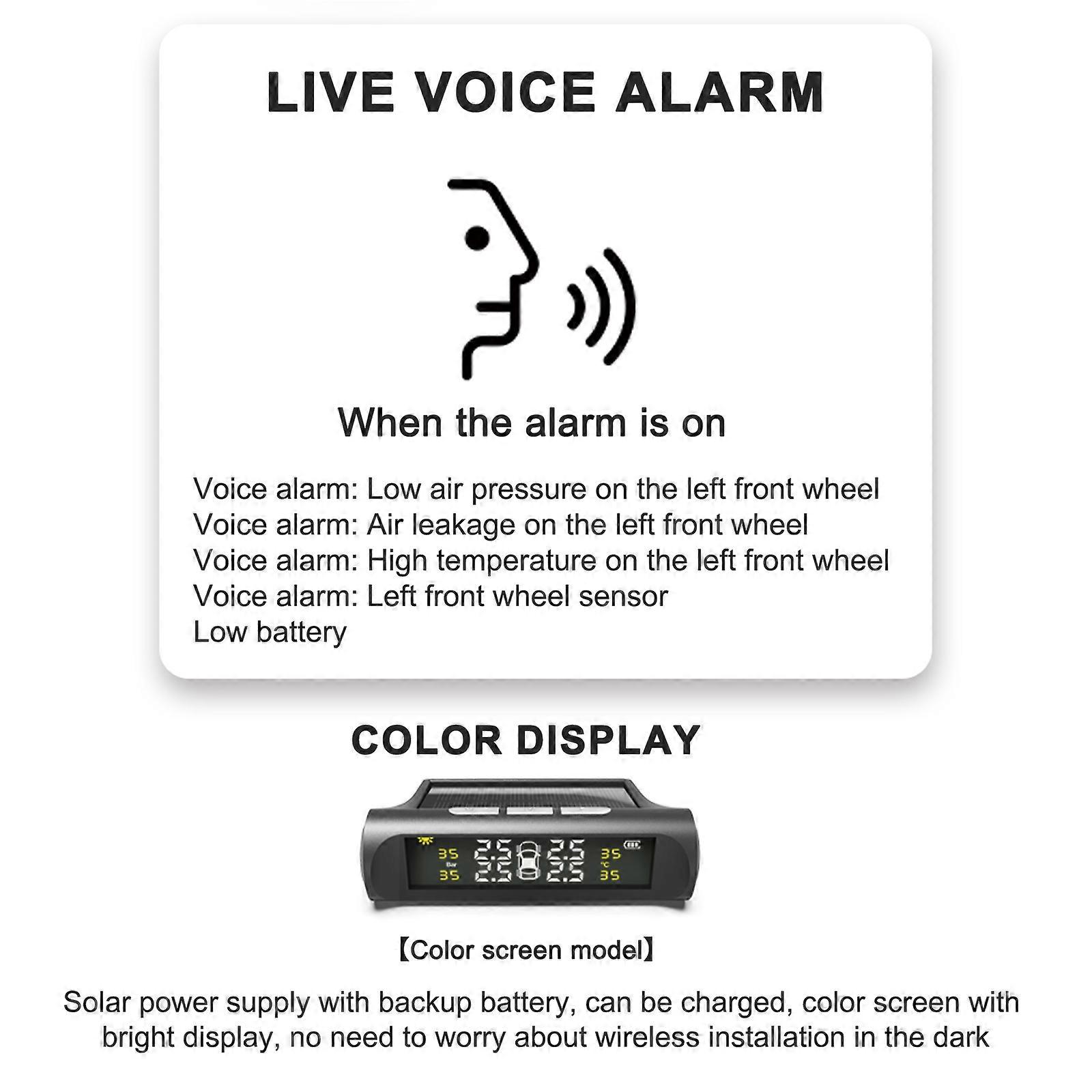 Caricabatteria Solare TPMS con LCD e 4 Sensori Esterni per Auto e Caricabatteria Solare TPMS con LCD e 4 Sensori Esterni per Auto e