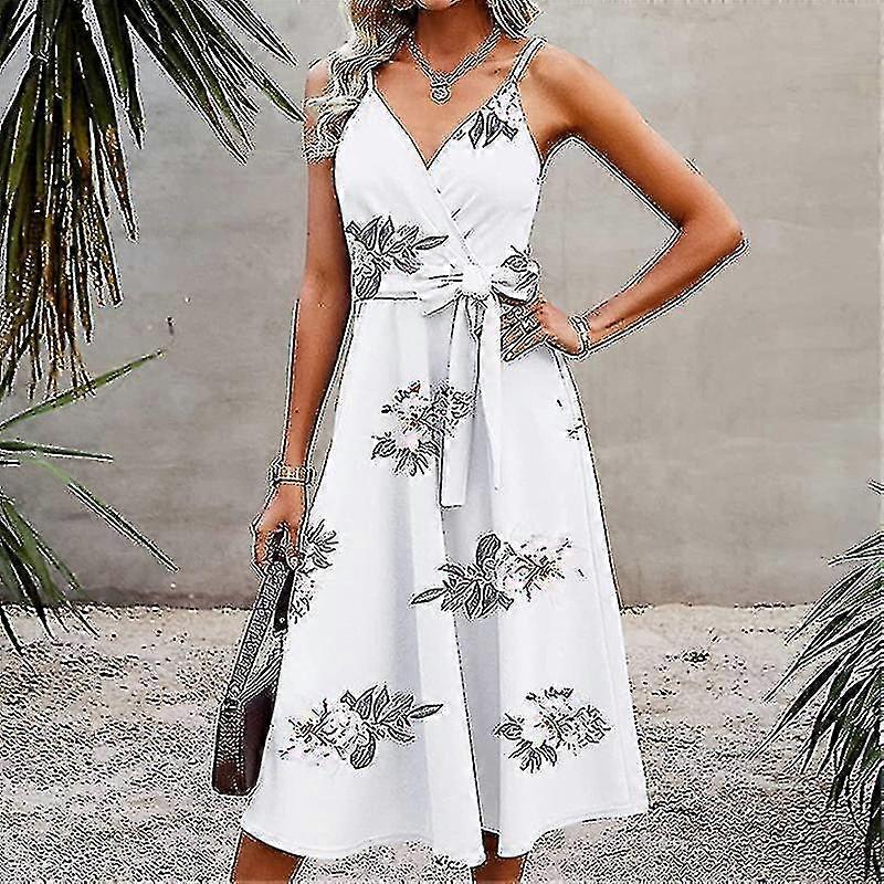 Women V Neck Long Dress Casual Holiday Summer Beach Sundress Strappy Midi  Dresses