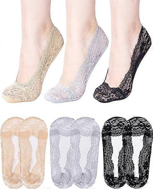 3 Pairs of Women's Invisible Low Cut Socks Elastic Lace Cotton Non-Slip Foot Protectors with Silicone