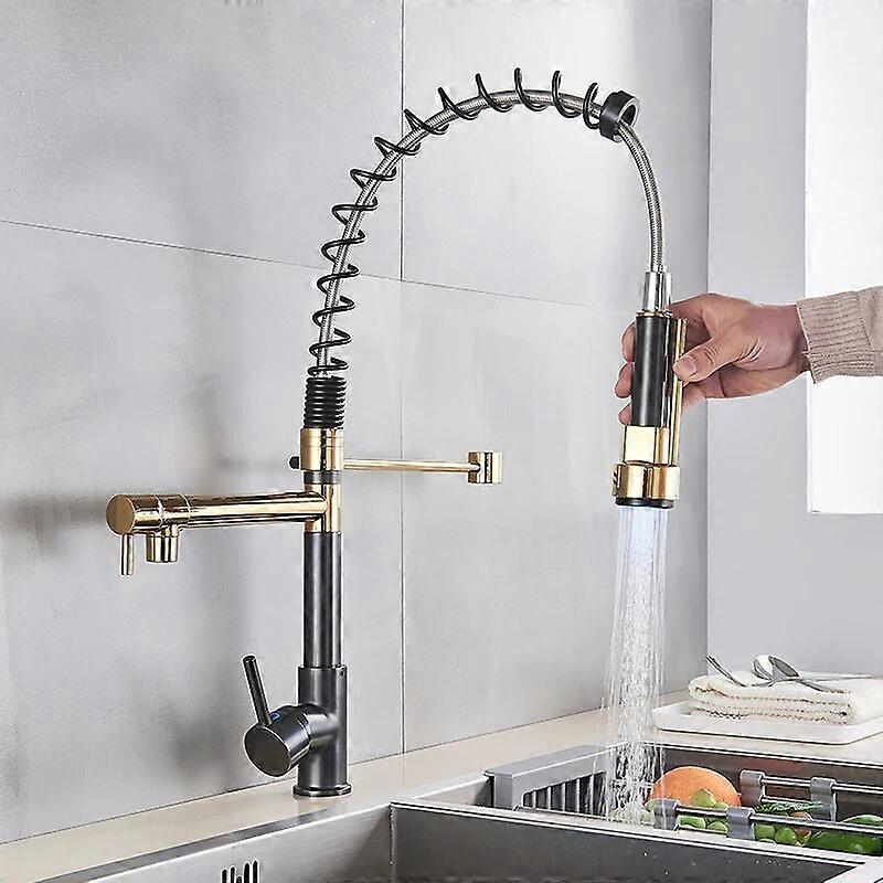 LED Color Changing Oil Rubbed Bronze Dual Spout Kitchen Faucet One Handle Spring Pull Down Water Taps for Kitchen
