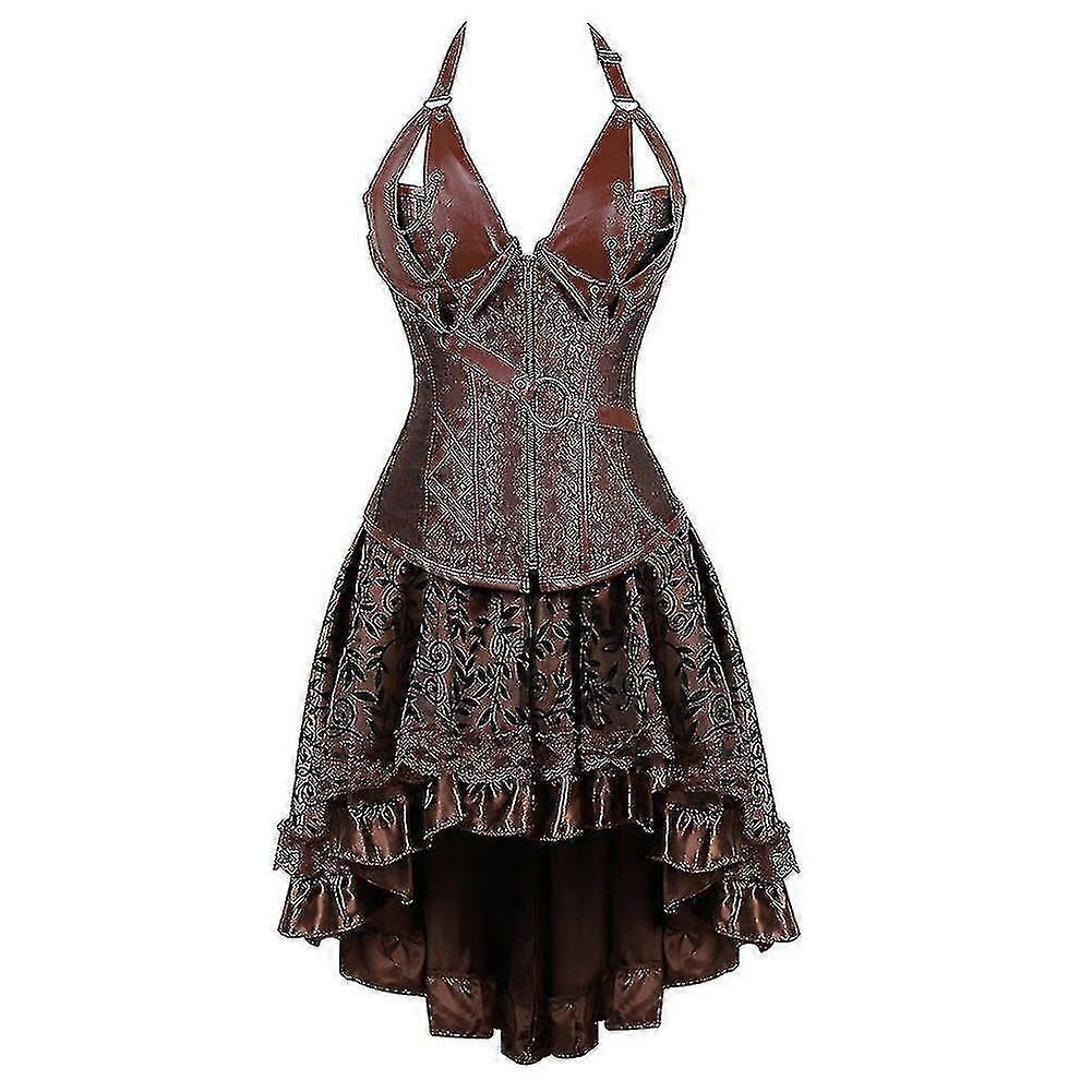 スチームパンクコルセットドレス女性ゴシックフェイクレザーコルセット非対称レーススカートセットS-6xl