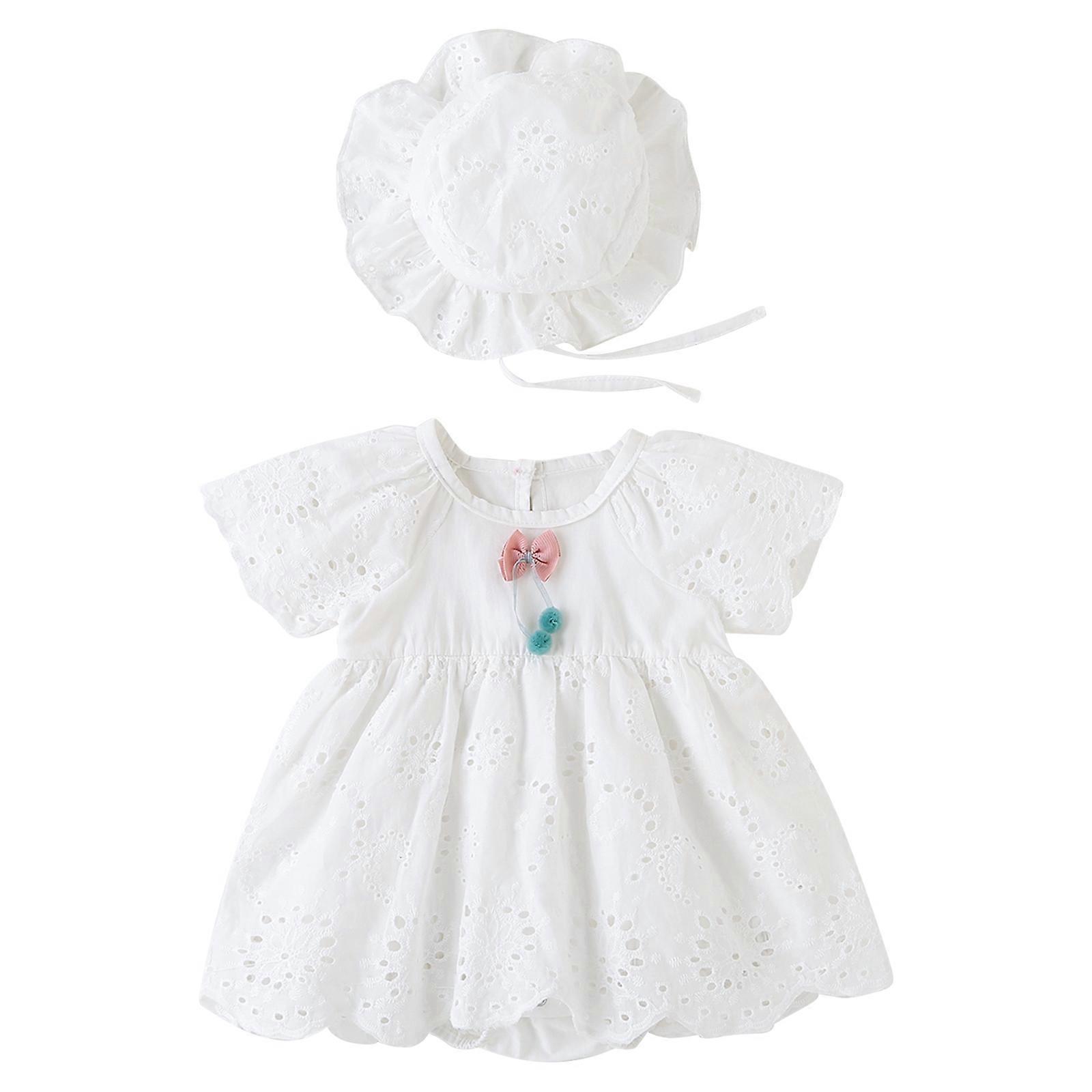 Yenidoğan Bebek Kız Yaz Sevimli Romper Elbise Kısa Kollu Bowknot Kürk Top DecorTutu ile İpli Şapka Tatil Günlük Giysiler