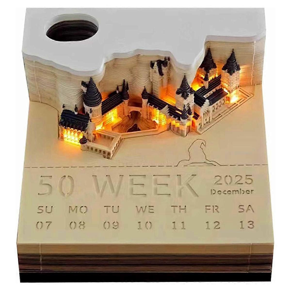Time Piece Calendar, 2025 Desk Calendar Memo Pad, 3D Magic Castle Time Piece Notepad with Lights