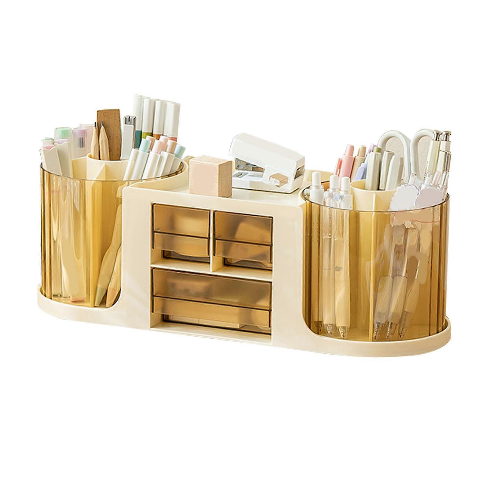 Yellow Rotating Pen Holder: 360° Desktop Organizer with Drawers for Stationery