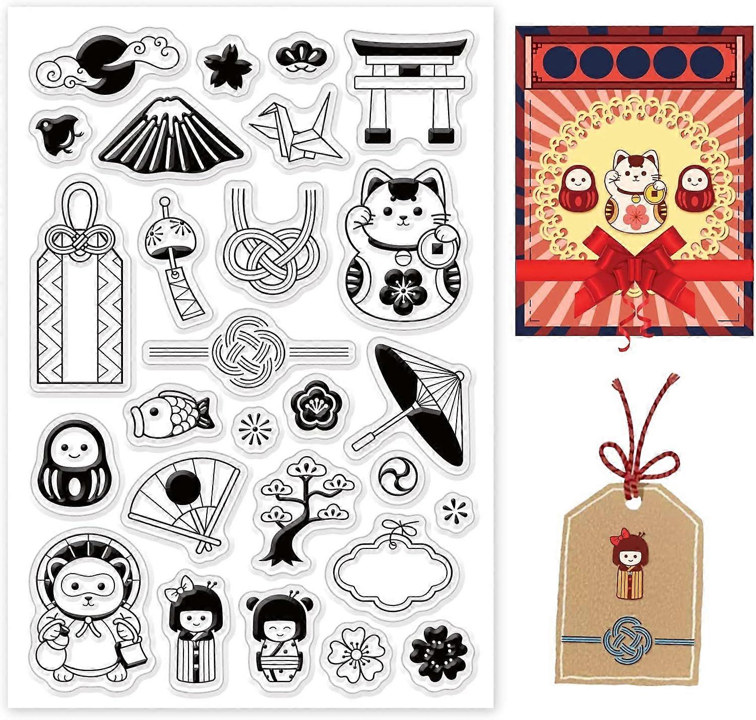 Japanese Theme Clear Stamps Folding Fan/Umbrella/Thousand Paper Cranes/Lucky Cat Pattern Journal Stamps Set for Paper Card Photo Album Crafting Suppli