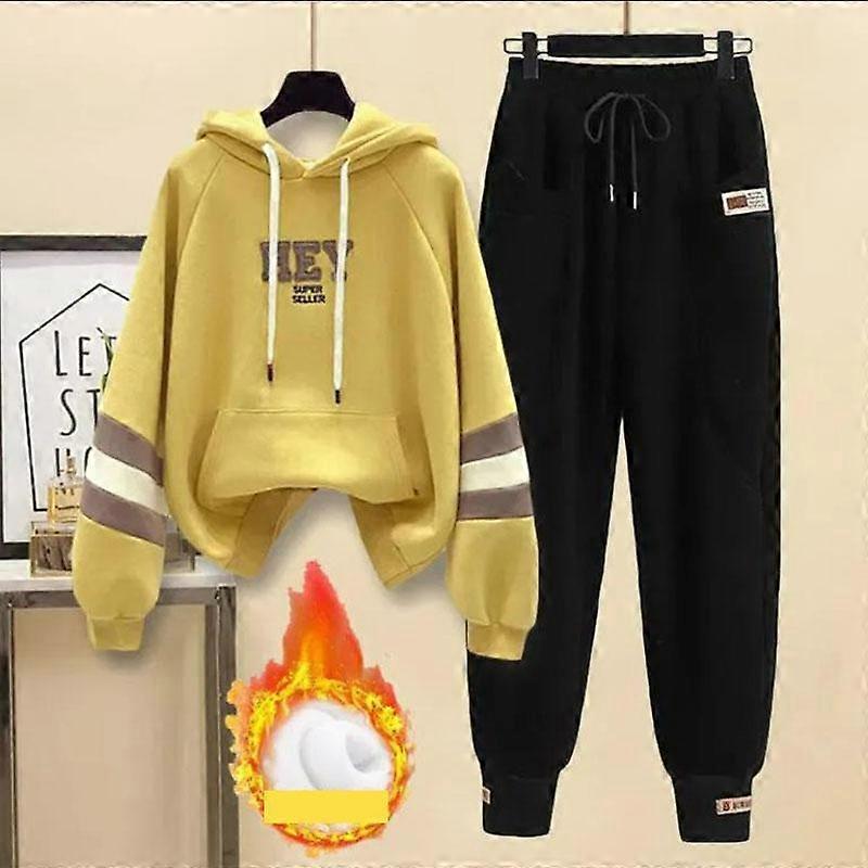 Autumn Winter Women Warm and Fleece Hooded Patchwork Sweatshirt Set Casual Work Clothes Trousers Two-piece Set Women's Sports Running Suit