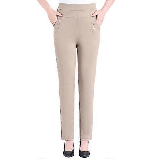 Women Summer Pants Elastic Waistband High Waist Casual Trousers Solid Color Pockets Design Straight