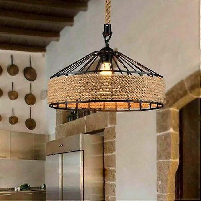 LAMP - SUSPENSION - Ø30 cm - E27 - Hemp cord - Metal - Black and linen