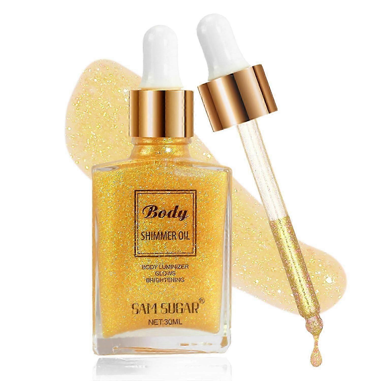Body Shimmer Oil, Face Brighten Glow Highlighter Body Makeup Shine Glitter Gold Liquid, 30ml Liquid Illuminator Body Highlighter