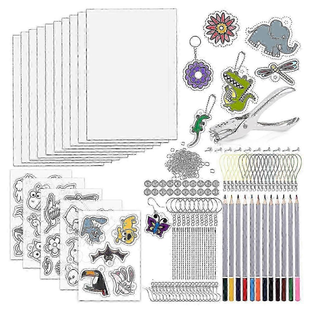 218 Pcs Shrink Plastic Sheets Kit: 15 Plastic Sheets, Keychains, Hole Punch, and Pencils for Crafts.