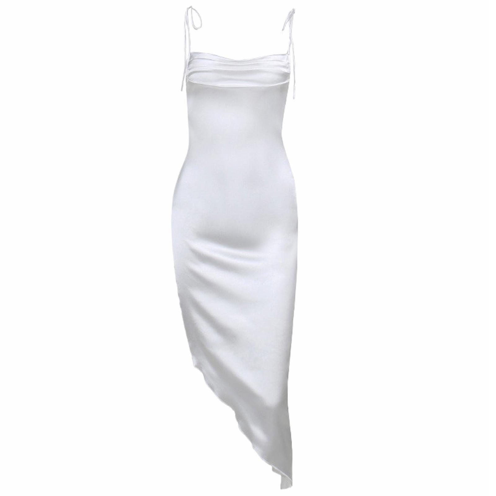 Women Sexy Ruched Cowl Neck Tie Spaghetti Strap Satins Long Slip