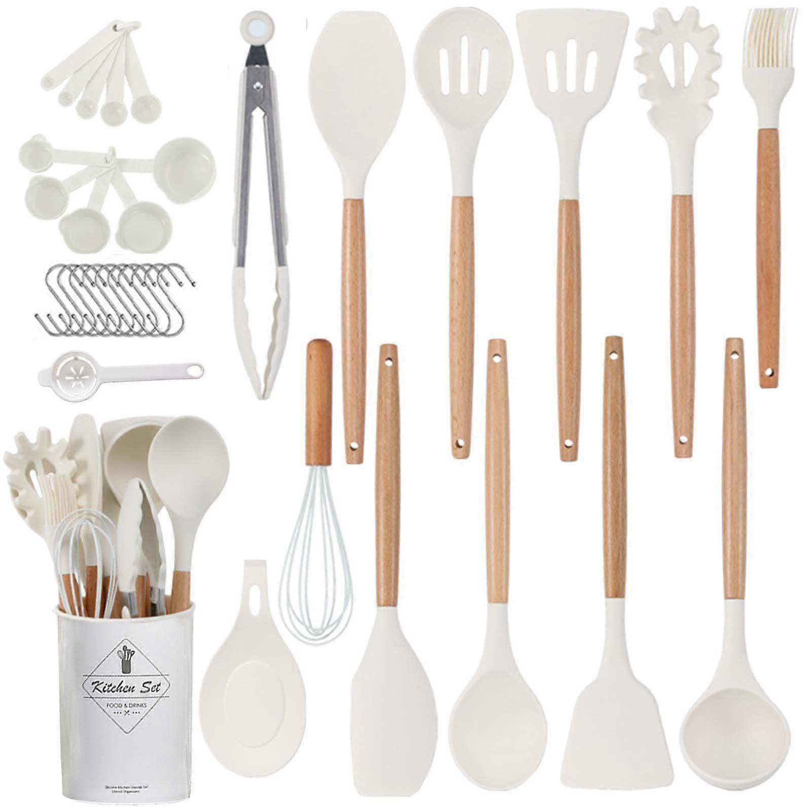34pcs Silicone Cookware Set for Nonstick Cookware, Includes Cooking Utensils, Egg Beaters, Food Holders, White