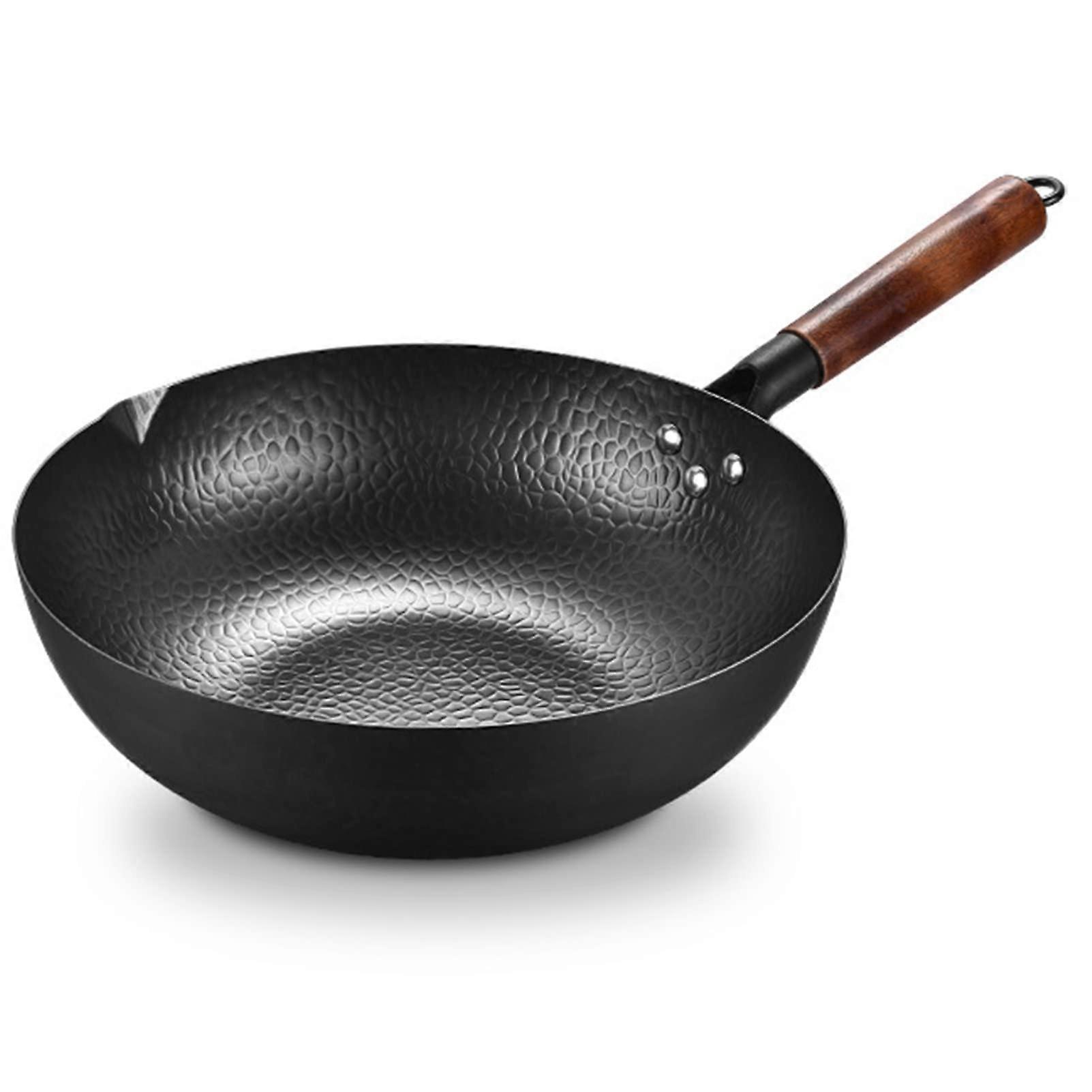 Carbon Steel Wok Pan with Lid, Stir Fry Wok, Non-Stick Flat Bottom Chinese Woks & Stir-Fry Pans for Electric, Induction, Ceramic Gas Stoves (A)