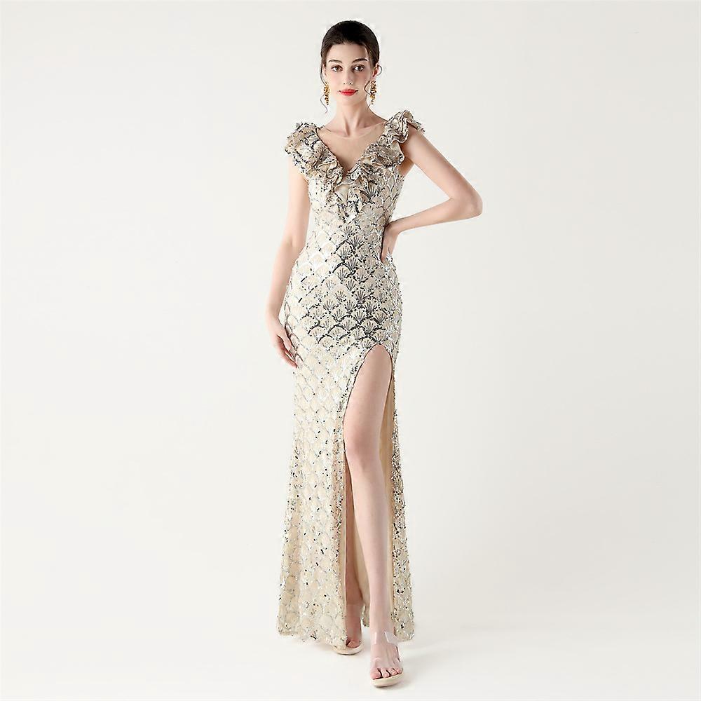 side slit Evening Dress Sequin summer dinner dresses deep v design
