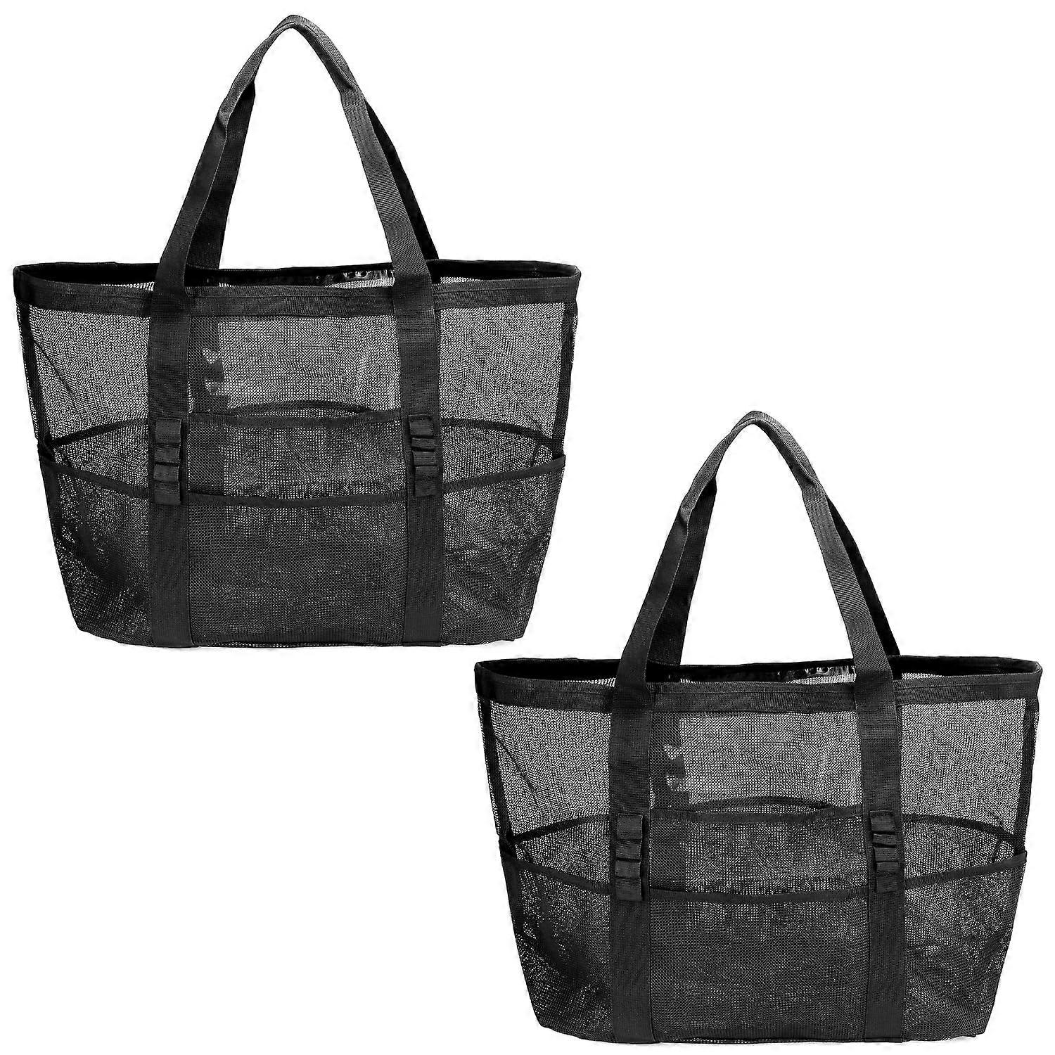 Mesh Beach Bag - Large 17"x15"x7.8" with 8 Pockets, Lightweight, Foldable for Beach, Travel, Shopping - 2 Pack