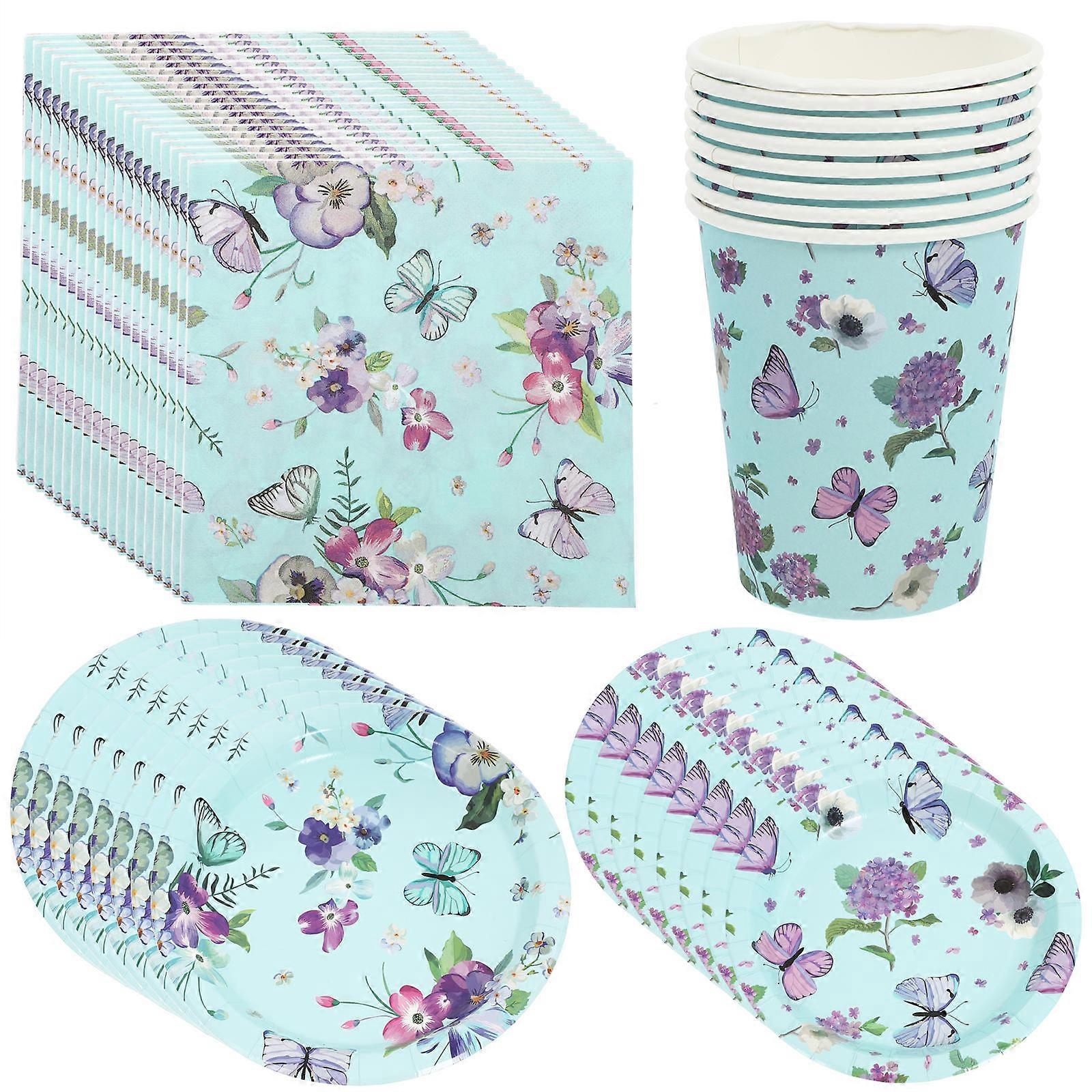 1 Set of 44Pcs Butterflies Themed Party Tableware Round Plates Paper Napkins