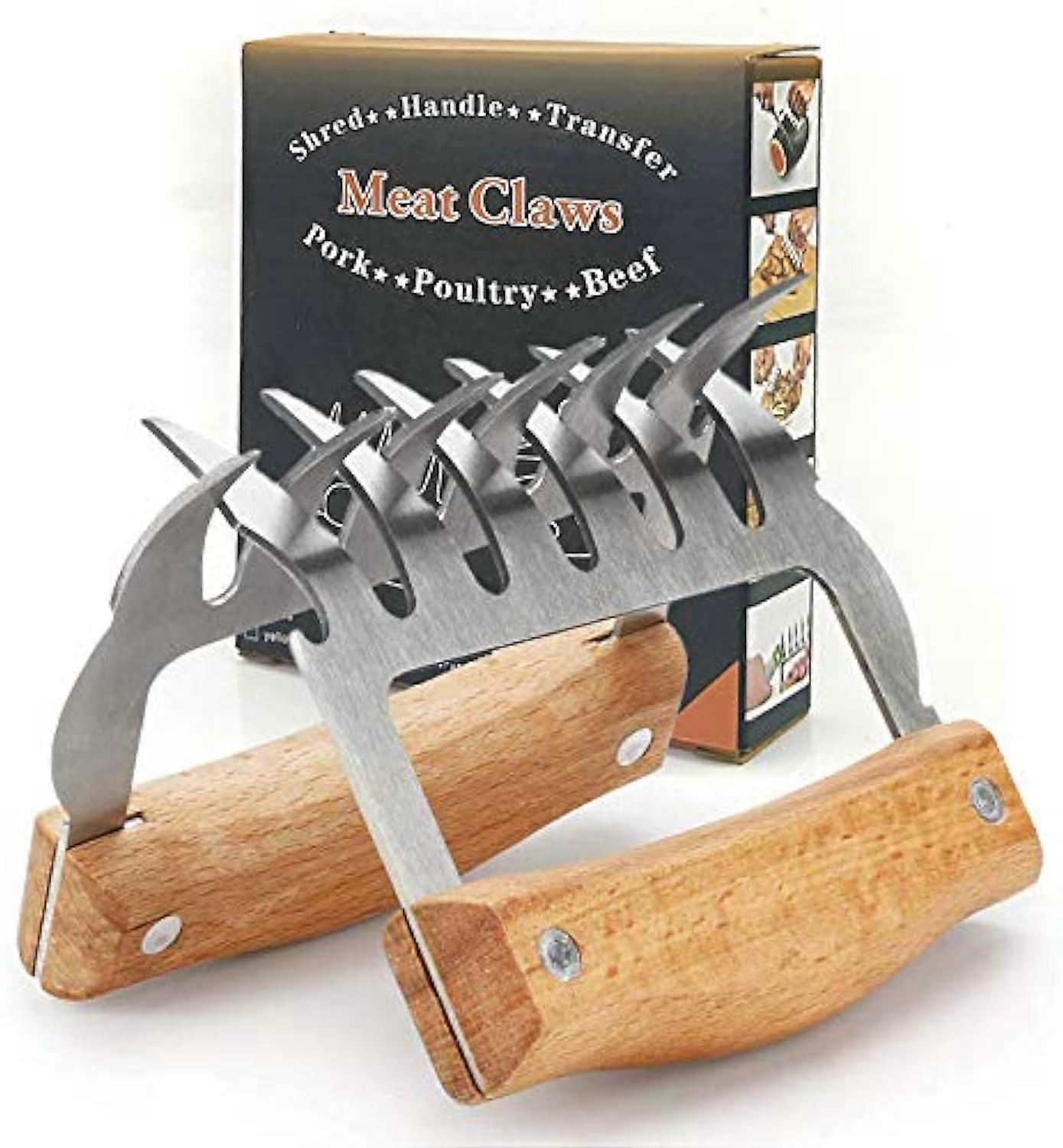 Meat Claws for Barbecue - 2 Stainless Steel Meat Forks with Wooden Handle for Pork, Beef, and Chicken Chopping