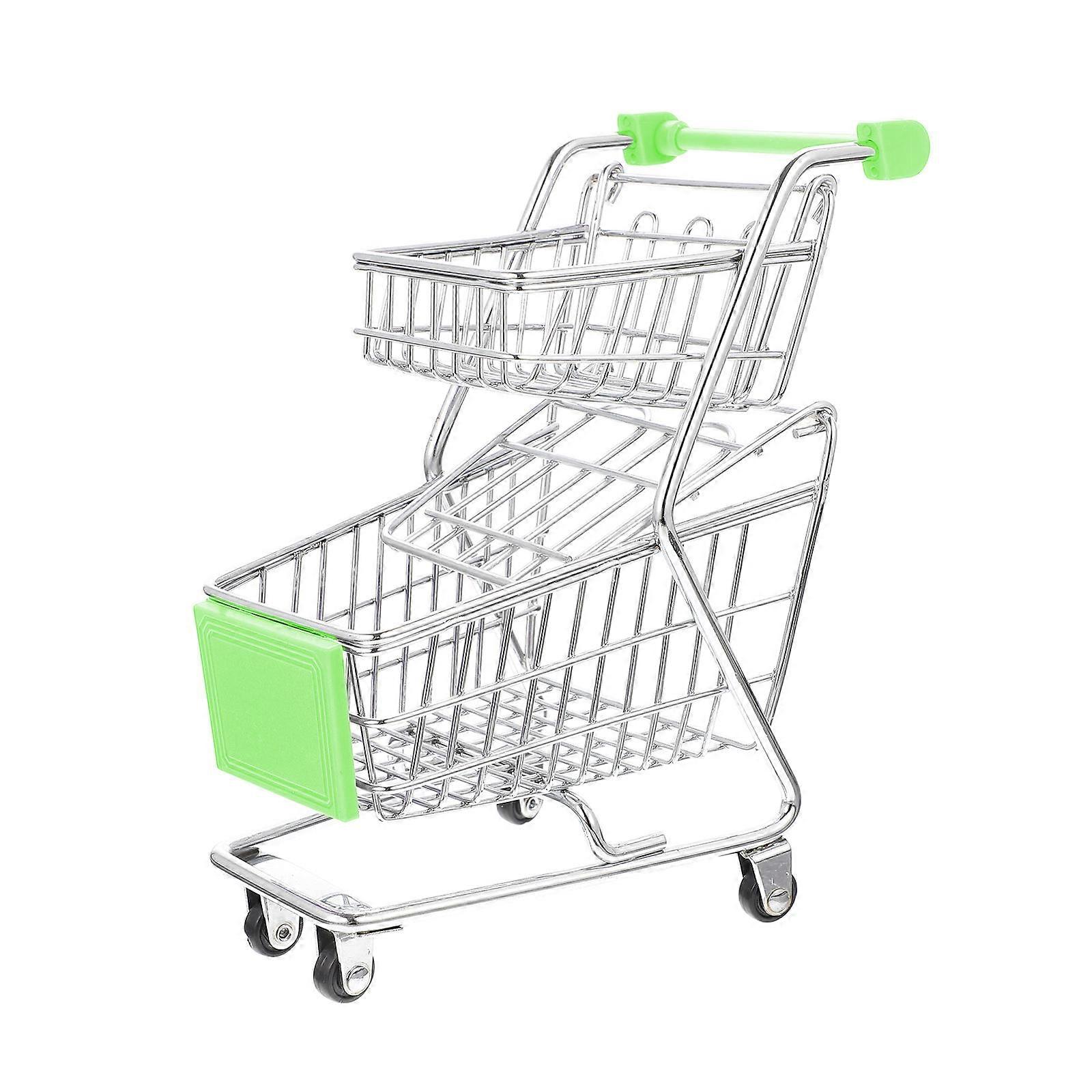 Miniature Double Layer Green Shopping Cart Supermarket Trolley Realistic Design Home Office Decor