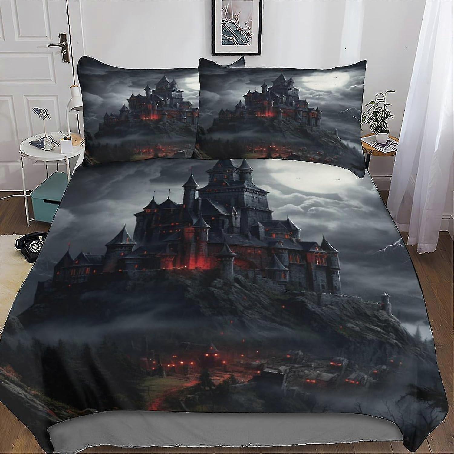 Conjunto de capa de edredom de castelo escuro 3D Conjunto de cama de microfibra Capa de edredom Colcha Conjunto de 3 peças com zíper