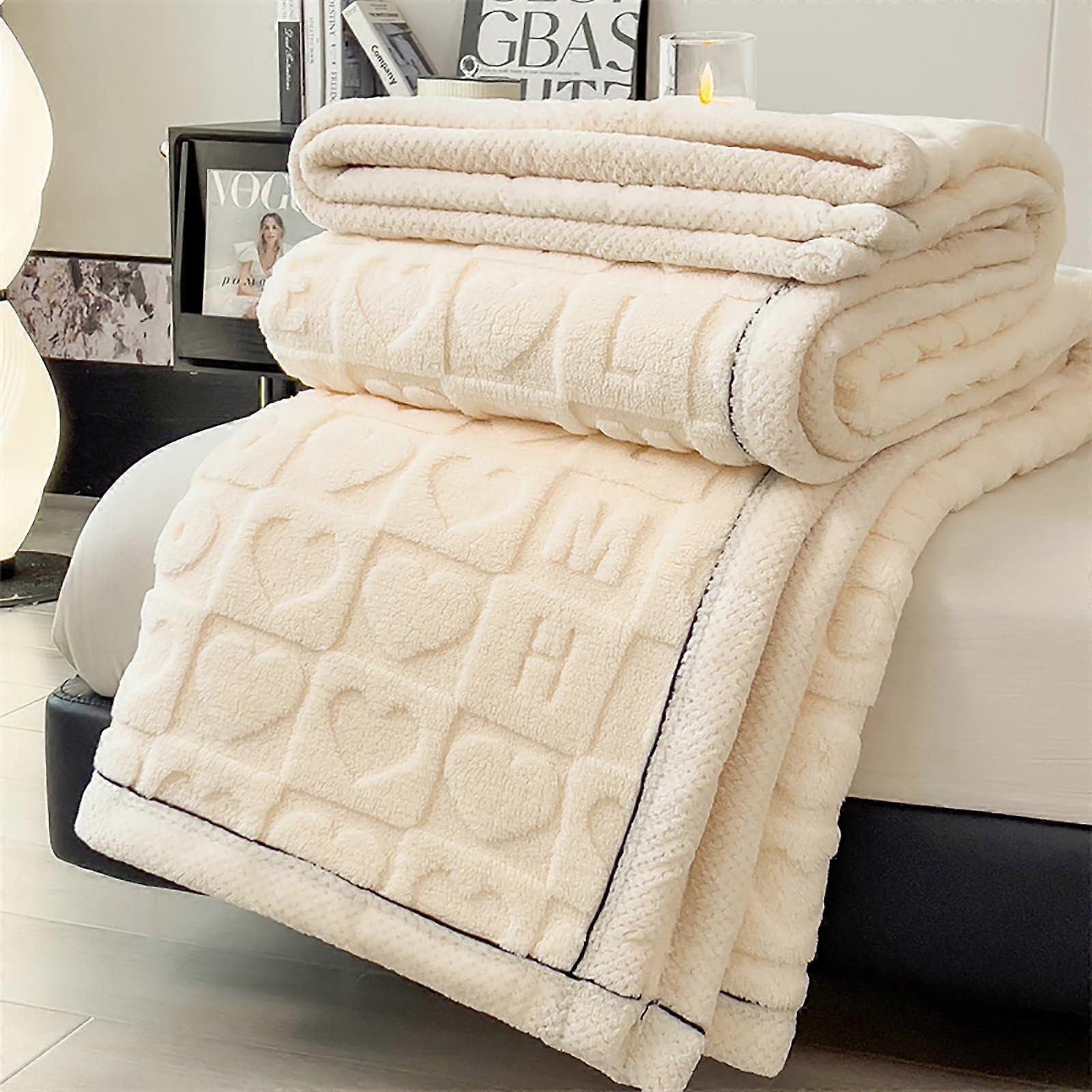 Plaid Sherpa Blanket for Sofa, Soft Fleece Throw for Bed, Pet Blanket for Cats and Dogs, Twin Size (127 x 203 cm), White