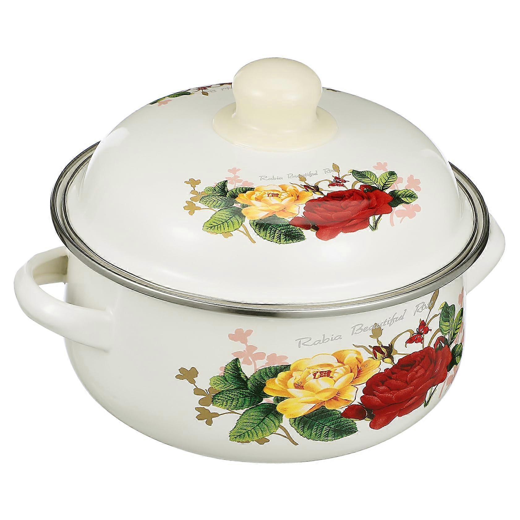 Household enamel soup pot with flat base, versatile for gas and electric stoves, easy to clean, durable design for stews and soups.